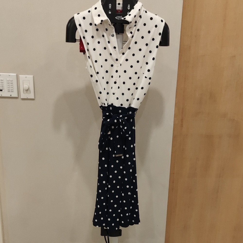 Tommy Hilfiger Polka Dot Midi Dress in White and Navy